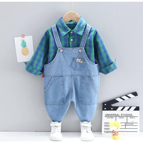Spring Children Baby Boys Girls Clothes Infant Causal Plaid Shirt Denim Overalls Bib Pants 2Pcs/sets Toddler Clothing Kids Suit