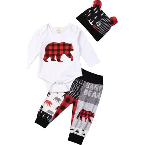 Christmas Clothes Set Newborn Baby Boy Girl Long Sleeve Xmas Bear Print Romper Tops Pants Hats 3pcs Outfits Costumes 0-24Months