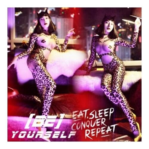 Nightclub dance Rock stage performance gogo costume Sexy Fleshy Leopard print jumpsuit halloween party club bodysuits