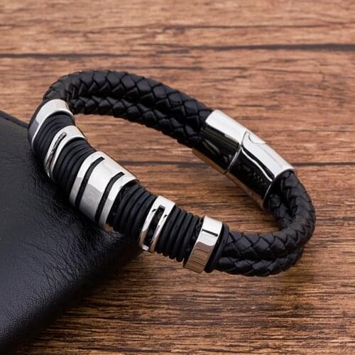 Fashion Magnetic Stainless Steel Black Genuine Leather Bracelet Men Jewelry Accessories Rope Customize Knitted Punk Bangles