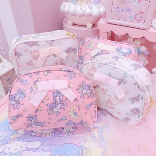 Cartoon PVC Semicircular Clear Square Cosmetic Storage Bags Bow Zipper Bag for girls