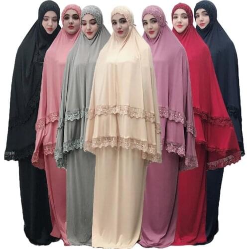 Muslim Worship Robe Women Prayer Garment Sets Abaya Formal Lace Large Swing Maxi Skirts arab Kaftan Islamic clothes kimono jubah