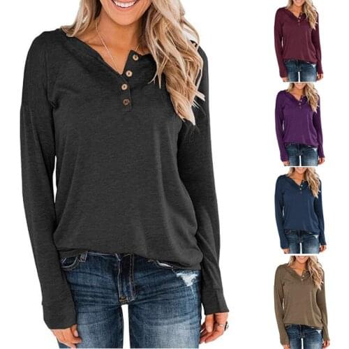 2021 new spring tops, large size womens knitted long-sleeved V-neck button loose T-shirts, casual pullovers, womens T-shirts