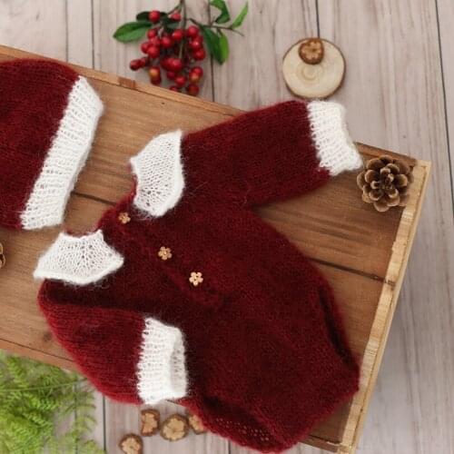 Newborn Red Overall outfit Photography props Deer hat Christmas Santa Claus Knit Reindeer Romper Bonnet Set Fluffy Mohair Baby