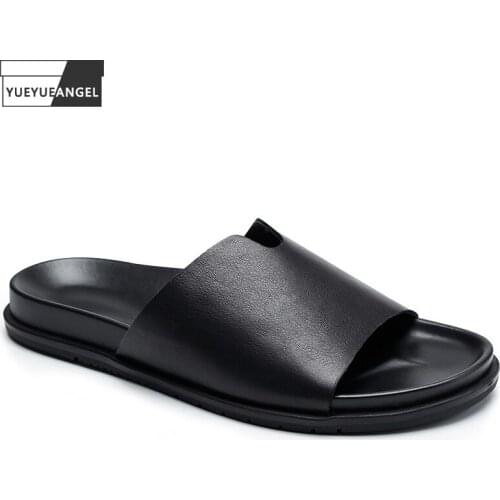 Summer Casual Mens Slides Shoes Genuine Leather Slippers Slip On Open Toe Black Bathroom Antiskid Flats Outside Beach Slippers