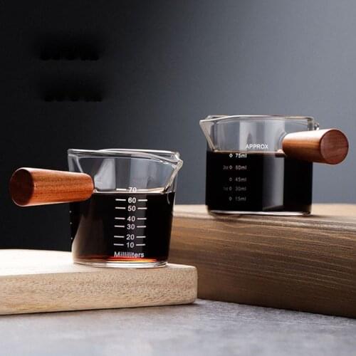 70/75ML Heat-resistant Glass Measuring Cup Double Mouth Bottle Coffee Shares Pot Wooden Handle Glass Small Milk Cup