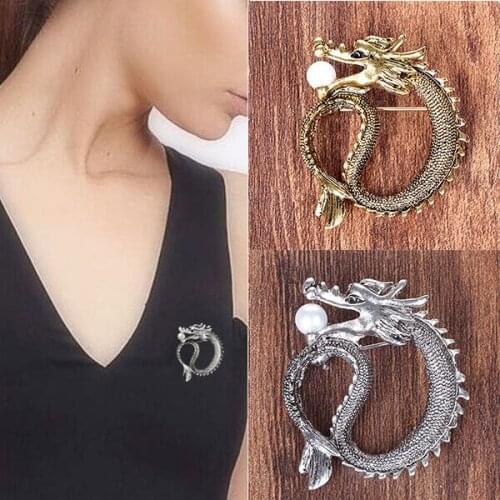 Vintage Unique Chinese Dragon Simulated Pearl Brooches Jewelry Silver Color Alloy Pins Brooch Women Men Unisex Brooch