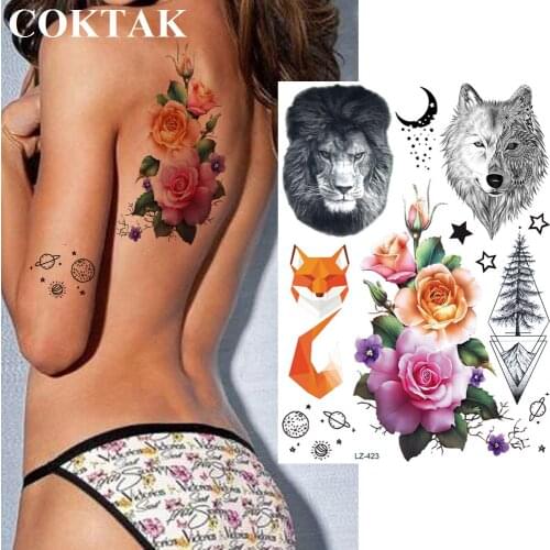COKTAK Rose Flower Group Temporary Tattoos Sticker Geometric Fox Women Washable Art Custom Tattoo Sexy Lion Fox Fake Tatoos Girl