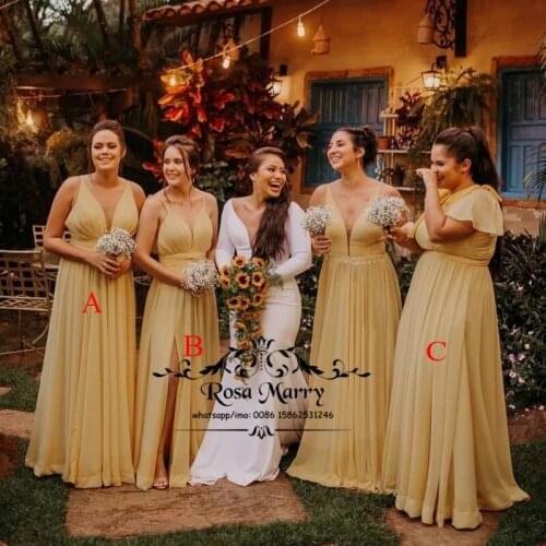 Yellow Chiffon Plus Size Bridesmaids Dresses 2021 A Line Mix Style Long African Wedding Guest Prom Party Gowns Maid of Honors