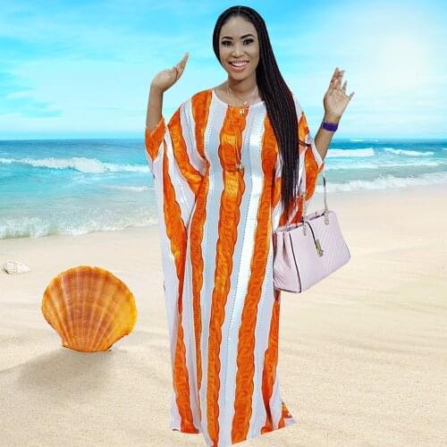 Stripe Print African Maxi Dresses For Women High Quality O-neck Bat Sleeve Ankara Ladies Robe Gowns Sashes Dress Muslim Fashion