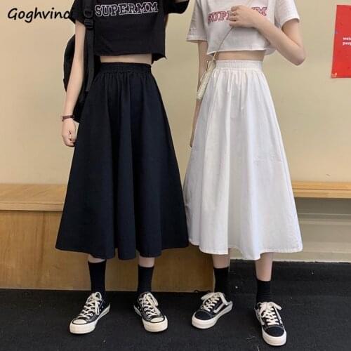 Skirts Women Elastic High Waist A-line Solid All-match Causal Loose Mid-long Skirt Student Simple Street-wear Comfortable Korean