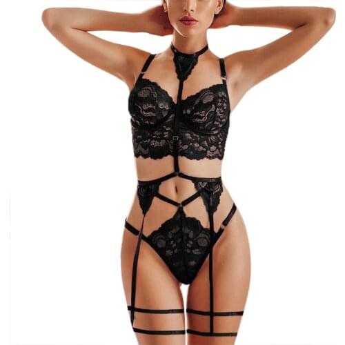 Women Sexy Lingerie Set See -Through Lace Spaghetti Strap Vest + High-Waist T-Back Panty + Garters Belt with Choker Bodysuit