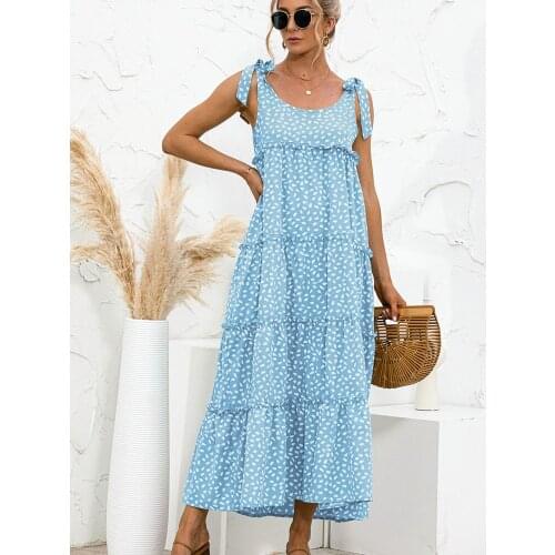 Ladies Dress Spot Print Summer Womens Sweet Ruffled Long Skirt Dance Party Lace Lace Dot Stitching Vest Casual Long Skirt