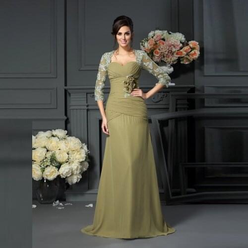 Plus Size Mother Of The Bride Dresses Mermaid 3/4 Sleeves Chiffon Appliques Beaded Long Groom Mother Dresses For Weddings