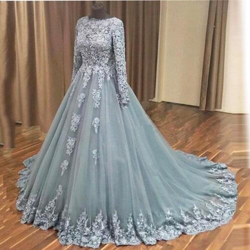 Turkey Kaftan Muslim A Line Wedding Dress For Women Lace Full Sleeves Appliques Tulle Bridal Formal Reception Gowns Beads Floral
