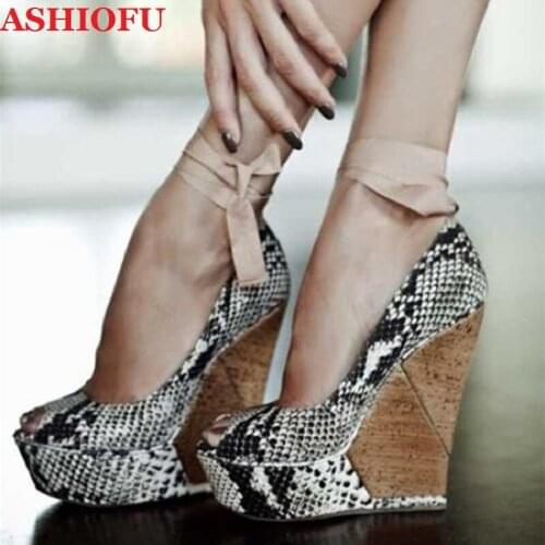 ASHIOFU New Handmade Women Wadge Heel Pumps Ankle Strap Peep-toe Party Prom Dress Shoes Snake-faux Leather Evening Fashion Shoes
