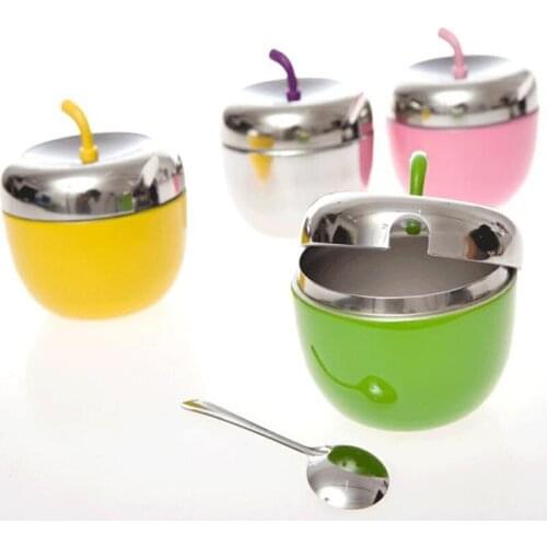 Stainless Steel Spice Jar With Spoon Seasoning Box Apple Shape Oil Bottle Cute Kitchen Herb Salt Sugar Dispenser Containers
