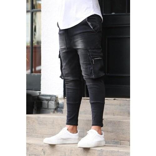 Male Multi-Pocket Casual Skinny Pants Pocket Zipper Slim Fit Work Pants Black Joggers Pencil Pants Men Gym Fitness Jeans