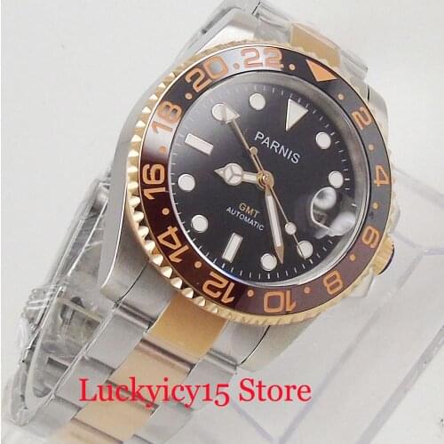 PARNIS Brand Stainles Steel Nomal Dress Gold Plated Automatic Mens Watch Auto Date Sapphire Glass 40mm Self Winding Wristwatch