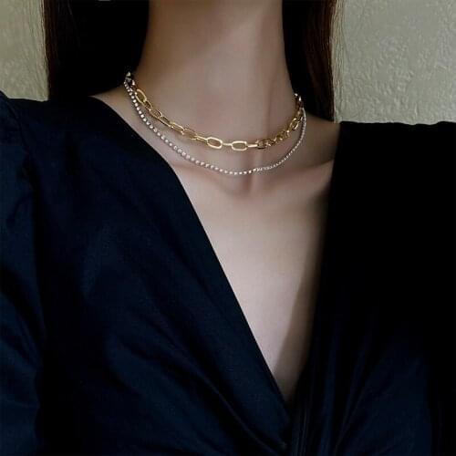 SRCOI Double Layer Oval Link Chain Cross Crystal Necklace Rhinestones Women/Men Hip Hop Chunky Choker Fashion Party Jewelry