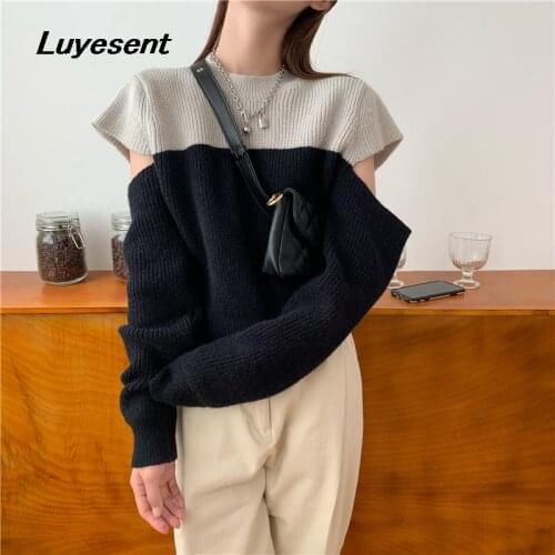 Elegant Lady Knitted Pull Sweater Autumn Women Hollow Out Patchwork Contrast Color Sweaters Korean Fashion Harajuku Knit Top