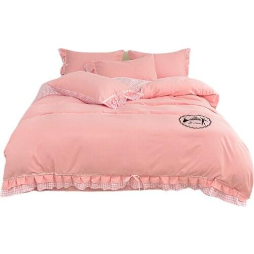 New Cotton Thick Brushed Lace 4 Pcs Bedding Sets Duvet Cover Bed Skirt Pillowcases*2 Solid Color Full Size 1.5/1.8m Bed