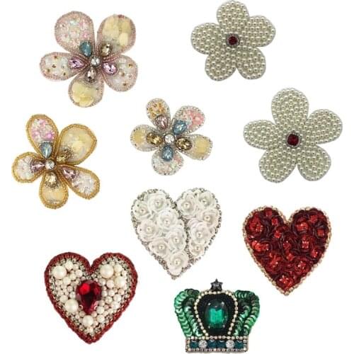 Rhinestone Sequins Beaded Crown Love Heart Pearl Flower for Sewing on Applique Punk Clothes Shoes Bags Cap Decoration Patch