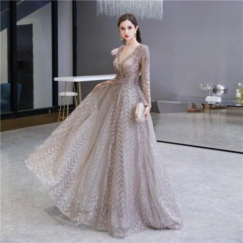 Fashion V-Neck Long Sleeves Lace A-Line Prom Dresses Lace Beaded Rhinestone Celebrity Evening Party Gowns Luxurious