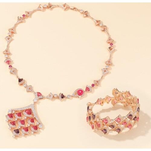 DUBAI fashion Big Red and purple color cubic zircon geometric bracelet and necklace Stone Jewelry Set for women 2021 Trend