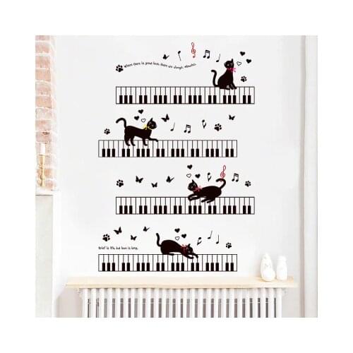 Cat On Piano Key Wall Stickers Poster Black And White Living Room Decoration Baby Room Wall Decoration Nursery Wall Decals