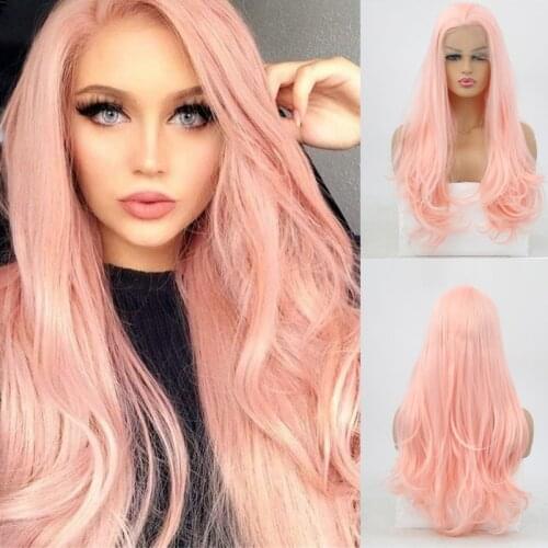 AIMEYA Pink Long Body Wave Synthetic Lace Front Wig for Women High Temperature Hair Glueless Lace Natural Wigs Free Part