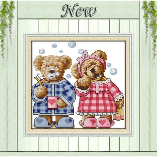 The brushing teeth teddy bear lovers paintings counted Print on canvas DMC11CT 14CT Cross Stitch kits Needlework Sets embroidery