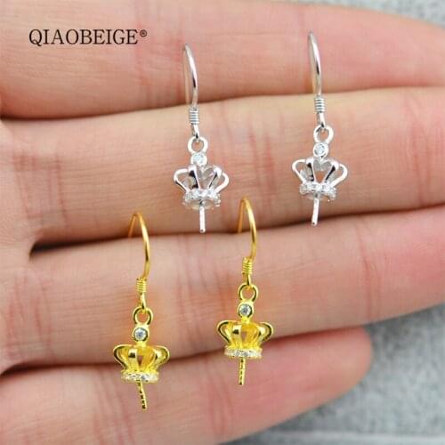 QIAOBEIGE fashion crown drop earrings parts& components 925 silver mini dangle earrings base diy pearl jewelry accessory women