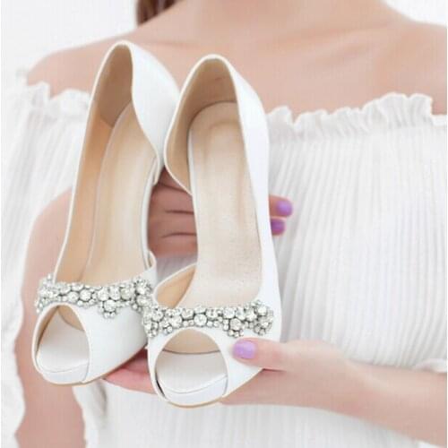 2018 Luxury Handmade Ivory Rhinestone High Heels Bridal Shoes Elegant Wedding Shoes Peep Toe Girl Dress Shoes Free shipping
