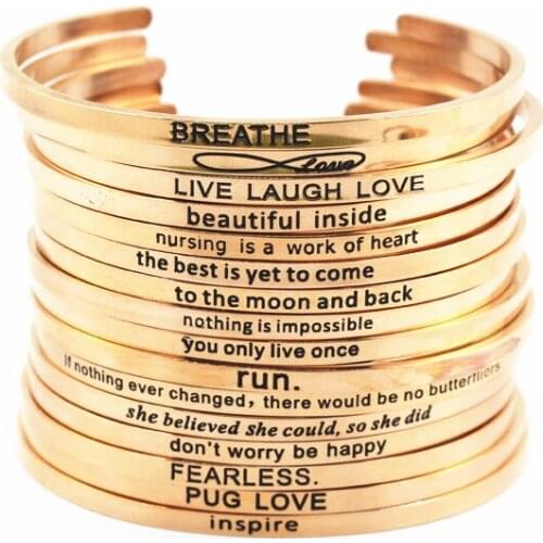Rose gold cuff bangle Stainless Steel Engraved Positive Inspirational Quote Hand Cuff Bracelet Mantra Bangle for women gift