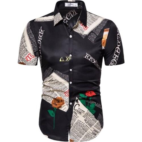 Fashion Newspaper Print Short Sleeve Shirt Men 2021 Summer New Slim Fit Floral Hawaiian Shirt Men Harajuku Casual Chemise Homme