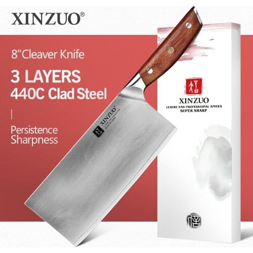 XINZUO 8'' Cleaver Knife 58-60 HRC Stainless Steel Three Layres 440C Clad Steel Super Sharp Vegetables Knife Red Wood Handle