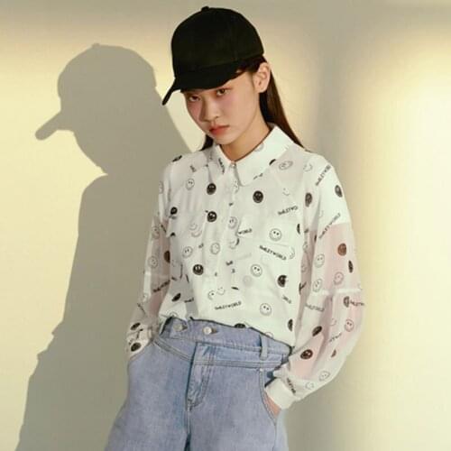 Spring Ll 2021 new womens wear smile face printed baby Collar Chiffon shirt 121159c4924