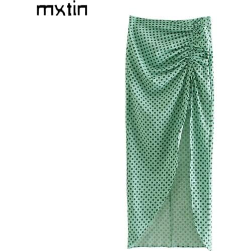 MXTIN 2021 Women Summer Vintage Polka Dot Folds Midi Skirt Vintage Split High Waist Zipper Streetwear Gril Skirts Casual Mujer