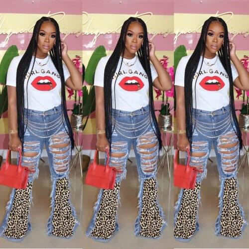 Trousers Women Leopard Print Stitching Big Hole Denim Flare Pants Placket with Zipper Casual Fashion Pantalones De Mujer