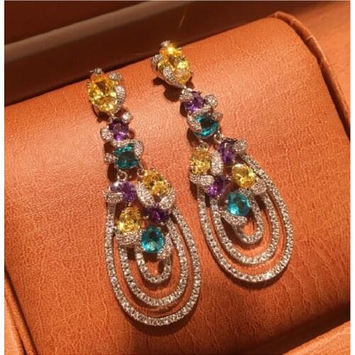 QTT Boho Ladies Earring 925 Sterling Silver Circle Zircon Crystal Inlay Charms Pendant Earrings Wedding Jewelry for Women