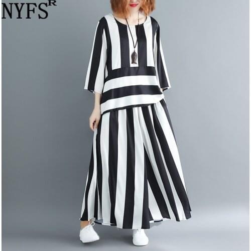NYFS 2020 New Summer two piece set women Striped loose Irregular hem Tops+Wide leg pants 2 piece set women women clothing sets
