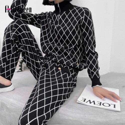 Autumn Winter Knit Pant Two Piece Set Women Rhombus Grid Knitted Zipper Black Sweater Tops + Wide Leg Pants Suit Trousers Sets