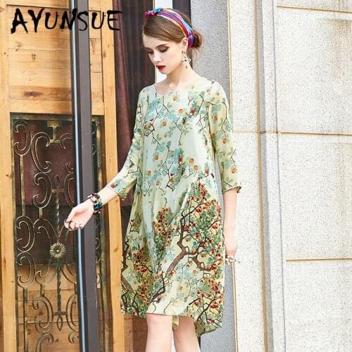 Real Silk Dress Women Summer Dress Korean Vintage Print Beach Dress Elegant Party Dresses Woman Vestidos Robe Femme 28923 YY2768