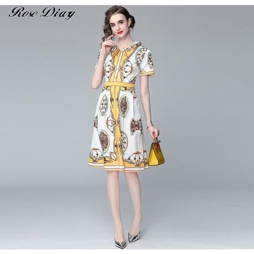 Women Sweet Peter Pan Collar Short Sleeve Printed Midi Dresses 2021 Summer Casual Streewear Party Holiday Female Vestidos