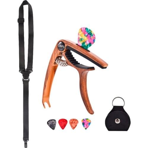 1 Pcs Adjustable Nylon Classical Ukulele Straps & 1 Set Guitar Capo with Picks and Picks Holder (Wood Color)