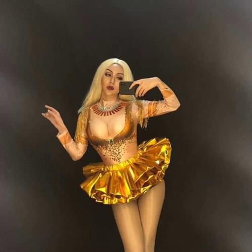 2019 Sexy Gold Rhinestones Tassel Bodysuit Stage Dance Wear Leotard Costume Singer Performance Stretch Outfit