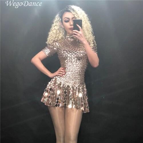 Shining Lovely Sequins Mini Dress Costume Celebrate Rhinestone Bodysuit Birthday Silver Dresses Sexy Nightclub Leotard