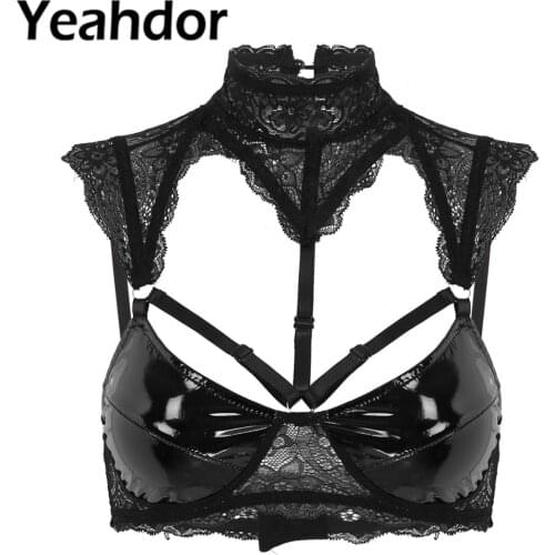 Womens Sexy Bra Erotic Sheer Lace Halter Neck Patent Leather Hollow Out Wire-free Unlined Bra Crop Tops