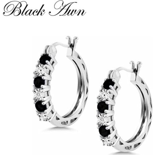 Black Awn New Classic 925 Sterling Silver Round Black Trendy Spinel Engagement Hoop Earrings for Women Fine Jewelry I174